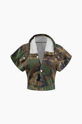 Camo Print Cap Sleeve Crop Shirt And Slit Mini Skirt Set